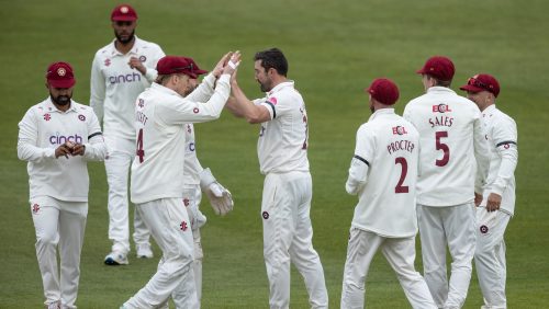 Evergreen Northamptonshire seamer Ben Sanderson led the charge with three wickets as Northamptonshire’s attack made the most of having a new Dukes ball back in their hands on the opening day of this Vitality County Championship clash at Wantage Road.